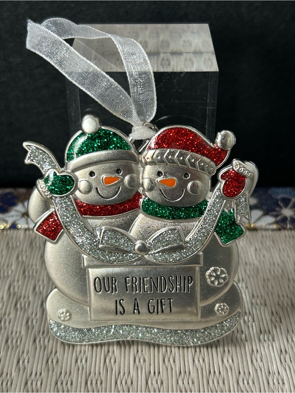 Holiday Snowman Friendship Ornament - Silver with Red & Green Glitter